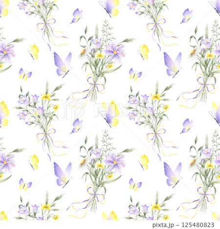 Seamless floral pattern with butterflies and bouquets of watercolor wildflowers bellflower, chamomile and meadow grasses tied ribbon bow. Hand drawn isolated illustration in yellow and lilac colors. Seamless floral pattern with butterflies and bouquets of watercolor wildflowers bellflower, chamomile and meadow grasses tied ribbon bow. Hand drawn isolated illustration in yellow and lilac colors. 125480823