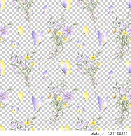Seamless floral pattern with butterflies and bouquets of watercolor wildflowers bellflower, chamomile and meadow grasses tied ribbon bow. Hand drawn isolated illustration in yellow and lilac colors. Seamless floral pattern with butterflies and bouquets of watercolor wildflowers bellflower, chamomile and meadow grasses tied ribbon bow. Hand drawn isolated illustration in yellow and lilac colors. 125480823