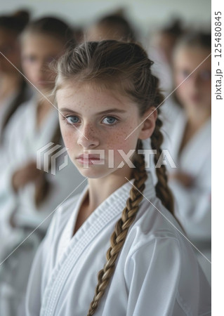 Young girl in karate uniform with group in background. 125480845