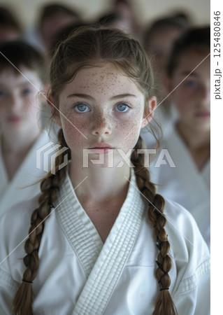 Young girl in karate uniform with group in background. 125480846
