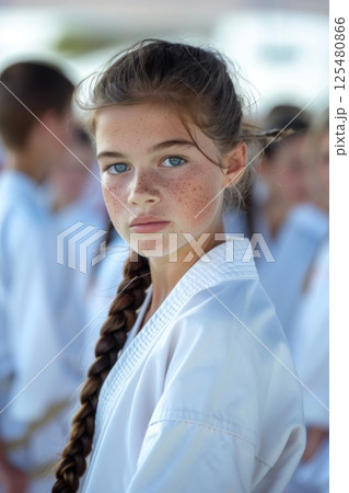 Young girl in karate uniform with group in background. 125480866