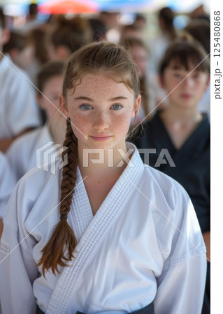Young girl in karate uniform with group in background. Young girl in karate uniform with group in background. 125480868