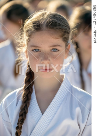 Young girl in karate uniform with group in background. Young girl in karate uniform with group in background. 125480869