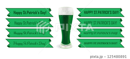 Happy St. Patrick's Day. Set of St. Patrick's Day greetings around a glass of green ale 125480891