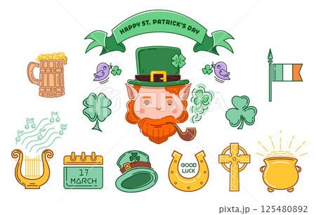 Set of colored icons for St. Patrick's Day in flat cartoon style 125480892