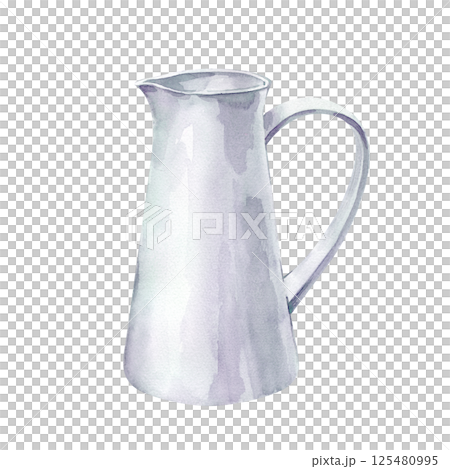 A white jug with a simple design and a hand-drawn handle on a white background. Watercolor illustration. A farm container for milk, drinks or flowers. Isolated. 125480995