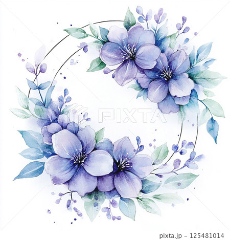 Purple green round watercolor frame on white background. Tender floral arrangement for wedding design 125481014