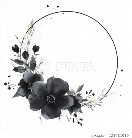 Black round watercolor frame on white background. Tender floral arrangement for wedding design 125481019
