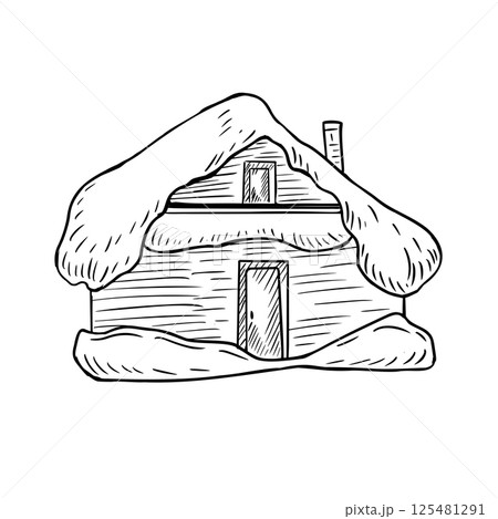 Hand drawn forest cabin with snow covered roof black white outline vector illustration. Rustic wooden house drawing ink line art for winter and Christmas design. Woodland hut for snowy landscape. Hand drawn forest cabin with snow covered roof black white outline vector illustration. Rustic wooden house drawing ink line art for winter and Christmas design. Woodland hut for snowy landscape. 125481291