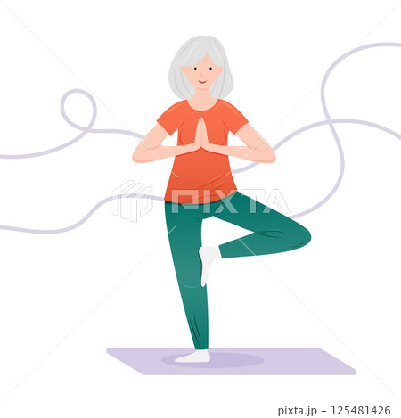 Senior woman practicing yoga in a bright indoor space for wellness Senior woman practicing yoga in a bright indoor space for wellness 125481426