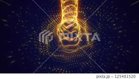 Golden particles forming a luminous vortex tunnel in a dark setting, symbolizing energy, movement, and futuristic concepts 125481520