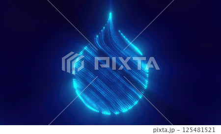 Abstract glowing blue digital water droplet made of flowing light particles on a dark background, symbolizing technology and sustainability Abstract glowing blue digital water droplet made of flowing light particles on a dark background, symbolizing technology and sustainability 125481521
