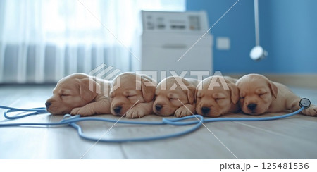 Cute labrador puppies with stethoscope at veterinary office showing friendship and care 125481536