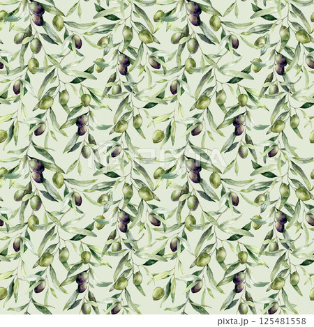 Watercolor olive seamless pattern of green and black berries, branches. Hand-drawn plants isolated on green background. Plants illustration for design, print, fabric or background. Watercolor olive seamless pattern of green and black berries, branches. Hand-drawn plants isolated on green background. Plants illustration for design, print, fabric or background. 125481558