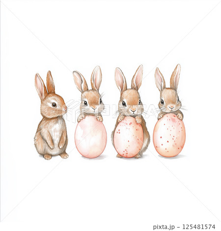 Watercolor bunny mom and kids with eggs for festive spring decorations Watercolor bunny mom and kids with eggs for festive spring decorations 125481574
