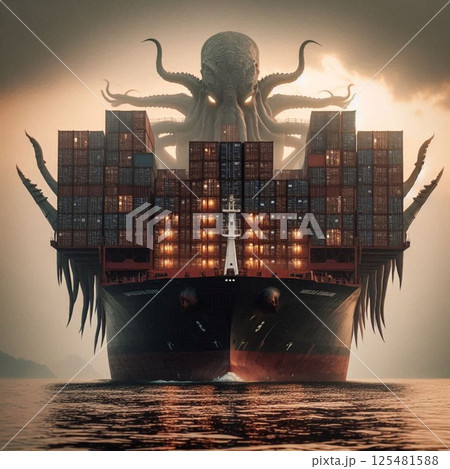 Ship emerges from water with a mythical creature looming in the background at sunset 125481588