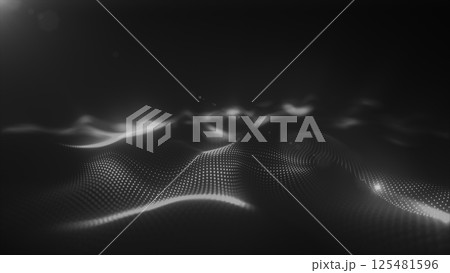 Abstract black and white glowing dots forming a soft, flowing terrain-like digital wave pattern Abstract black and white glowing dots forming a soft, flowing terrain-like digital wave pattern 125481596