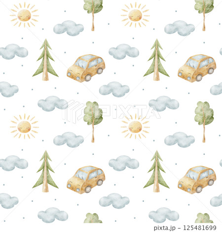Pattern yellow car in trees, spruce, blue clouds, cute sun. Watercolor illustration hand-drawn. Seamless print children's on background for fabric design, packaging, wallpaper, clothes, postcard 125481699
