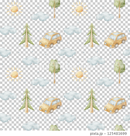 Pattern yellow car in trees, spruce, blue clouds, cute sun. Watercolor illustration hand-drawn. Seamless print children's on background for fabric design, packaging, wallpaper, clothes, postcard 125481699