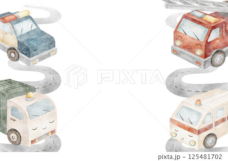 Frame watercolor illustration city cars. Fire truck, garbage truck, police, ambulance. Cartoon childish style template isolated on background hand drawn for invitation design holiday birthday postcard Frame watercolor illustration city cars. Fire truck, garbage truck, police, ambulance. Cartoon childish style template isolated on background hand drawn for invitation design holiday birthday postcard 125481702