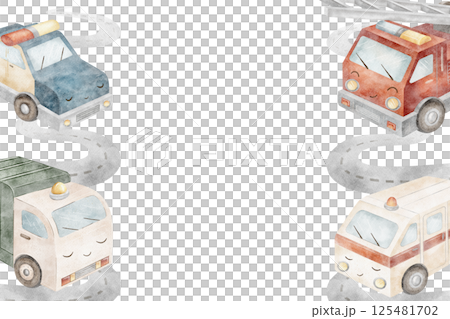 Frame watercolor illustration city cars. Fire truck, garbage truck, police, ambulance. Cartoon childish style template isolated on background hand drawn for invitation design holiday birthday postcard 125481702