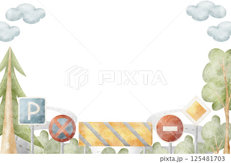 Watercolor illustration road signs, symbol, trees, forest, greenery. Frame save nature hand drawn in cartoon children style. Template isolated on background for design postcard, poster, place for text 125481703