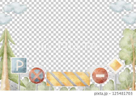 Watercolor illustration road signs, symbol, trees, forest, greenery. Frame save nature hand drawn in cartoon children style. Template isolated on background for design postcard, poster, place for text 125481703