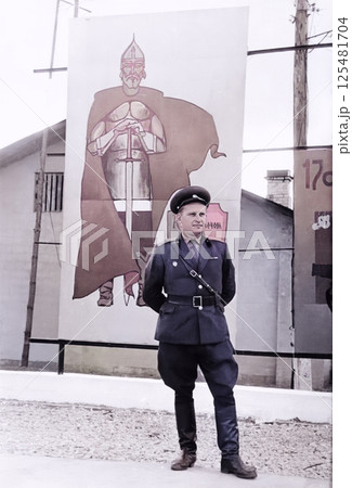 Retro photo of a senior lieutenant of the USSR armed forces. Vintage photo from 1964. 125481704