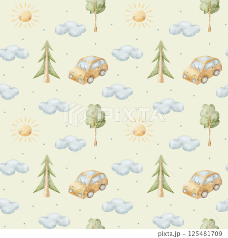 Watercolor pattern children car, transport, trees, clouds, sun. Hand drawn illustration on green pastel background in cartoon style. Seamless print, fabric, baby clothes, textiles, packaging wallpaper 125481709