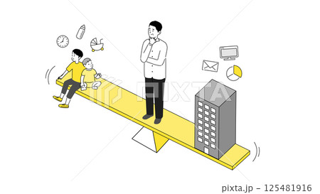 仕事と家庭の両立に悩むビジネスマンのイラスト|ワークライフバランス、子育て支援、キャリアと家庭の葛藤 仕事と家庭の両立に悩むビジネスマンのイラスト|ワークライフバランス、子育て支援、キャリアと家庭の葛藤 125481916