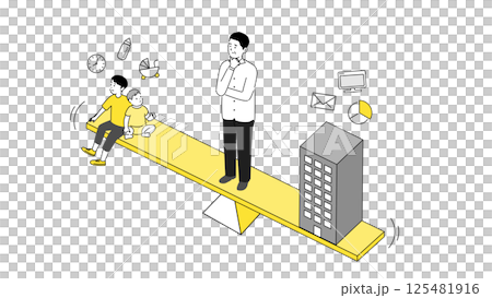 仕事と家庭の両立に悩むビジネスマンのイラスト|ワークライフバランス、子育て支援、キャリアと家庭の葛藤 仕事と家庭の両立に悩むビジネスマンのイラスト|ワークライフバランス、子育て支援、キャリアと家庭の葛藤 125481916