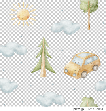 Watercolor pattern funny car in trees, clouds, sun. Hand-drawn children's illustration in cartoon style. Seamless print on isolated background for fabric, baby clothes, textiles, packaging, wallpaper 125482081