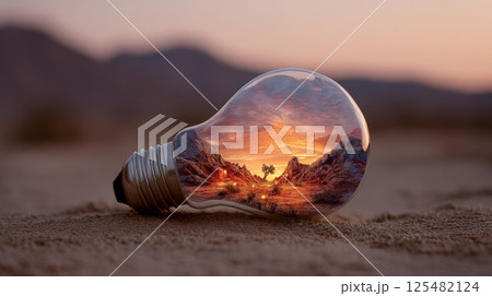 An electric light bulb lies on the sand with a cave-like terrain inside it 125482124