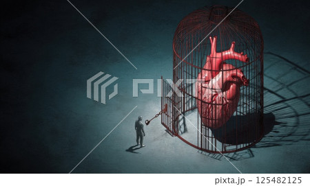 An illustration of the human heart in a cage that the human figure opens, the concept of solitude and freedom 125482125