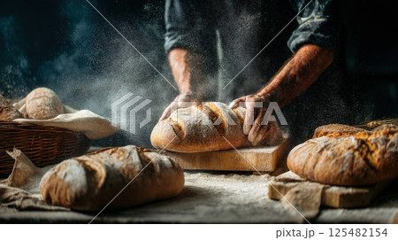 In a cozy kitchen filled with flour dust, hands knead and shape freshly baked artisanal bread on a wooden board as sunlight pours in, illuminating the warm atmosphere. In a cozy kitchen filled with flour dust, hands knead and shape freshly baked artisanal bread on a wooden board as sunlight pours in, illuminating the warm atmosphere. 125482154