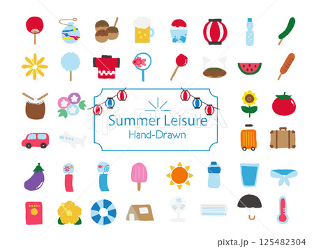 8月の手描きイベントアイコンセット：夏休み・夏祭りのベクターイラスト 125482304