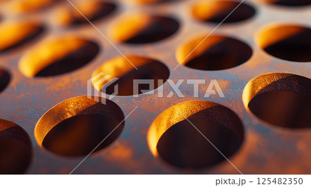 Close up of a metal surface with many holes. The holes are of various sizes and are scattered throughout the surface 125482350