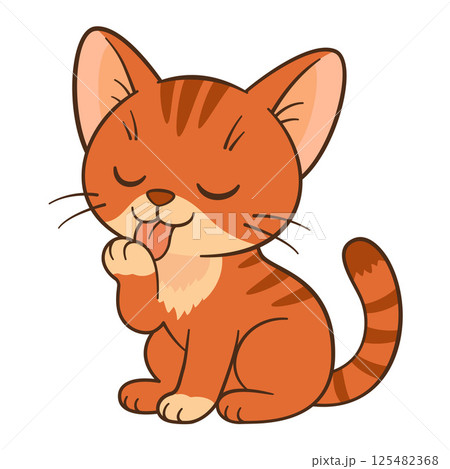 Red cat sits and licks paw. Cute ginger tabby kitten in cartoon style. Flat style Chibi cat 125482368