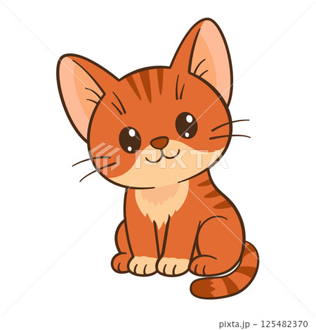 Red cat sits. Cute ginger tabby kitten in cartoon style. Flat style Chibi cat 125482370