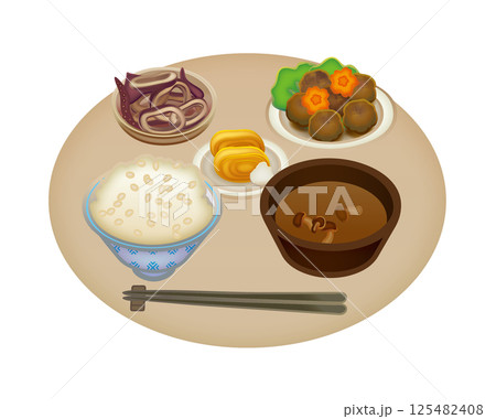 バランスの取れた一汁三菜のイラスト バランスの取れた一汁三菜のイラスト 125482408