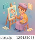 赤ちゃんを抱っこして部屋でくつろぐお母さんのイラスト 125483043