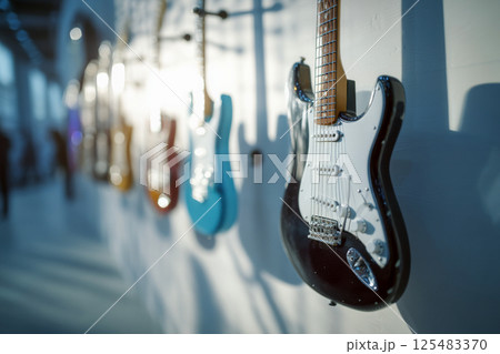 A vibrant display of electric guitars hangs against a white wall, showcasing various colors and designs. The sunlight casts soft shadows, enhancing the artistic vibe. 125483370