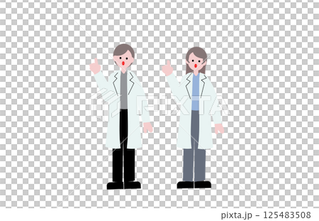 Illustration of researchers and scientists wearing white coats (male and female) 125483508