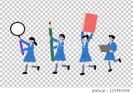 文房具やタブレットを持った学生たちのイラスト 125483509