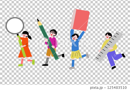 文房具やタブレットを持った小学生たちのイラスト 125483510