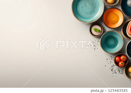 禅スタイルの和風セラミックボウル｜ミニマルなカフェテーブルのオーバーヘッドビュー 125483585