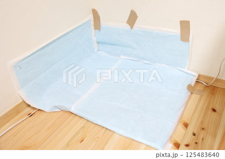 部屋の隅に敷かれた犬用ペットシーツは壁にガムテープで固定されている 125483640