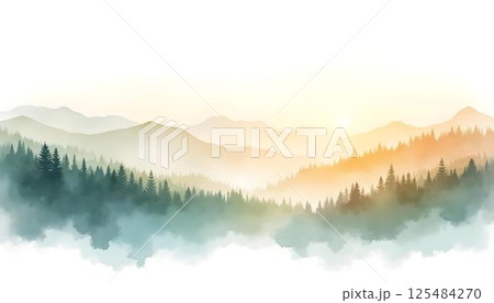 A watercolor landscape featuring a green mountain range encircled by trees, emphasizing the beauty of the natural world 125484270
