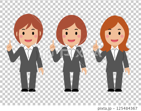 A smiling young woman in a gray suit doing the number one pose 125484367