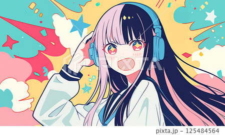 ヘッドホンで音楽を聴く女の子 125484564